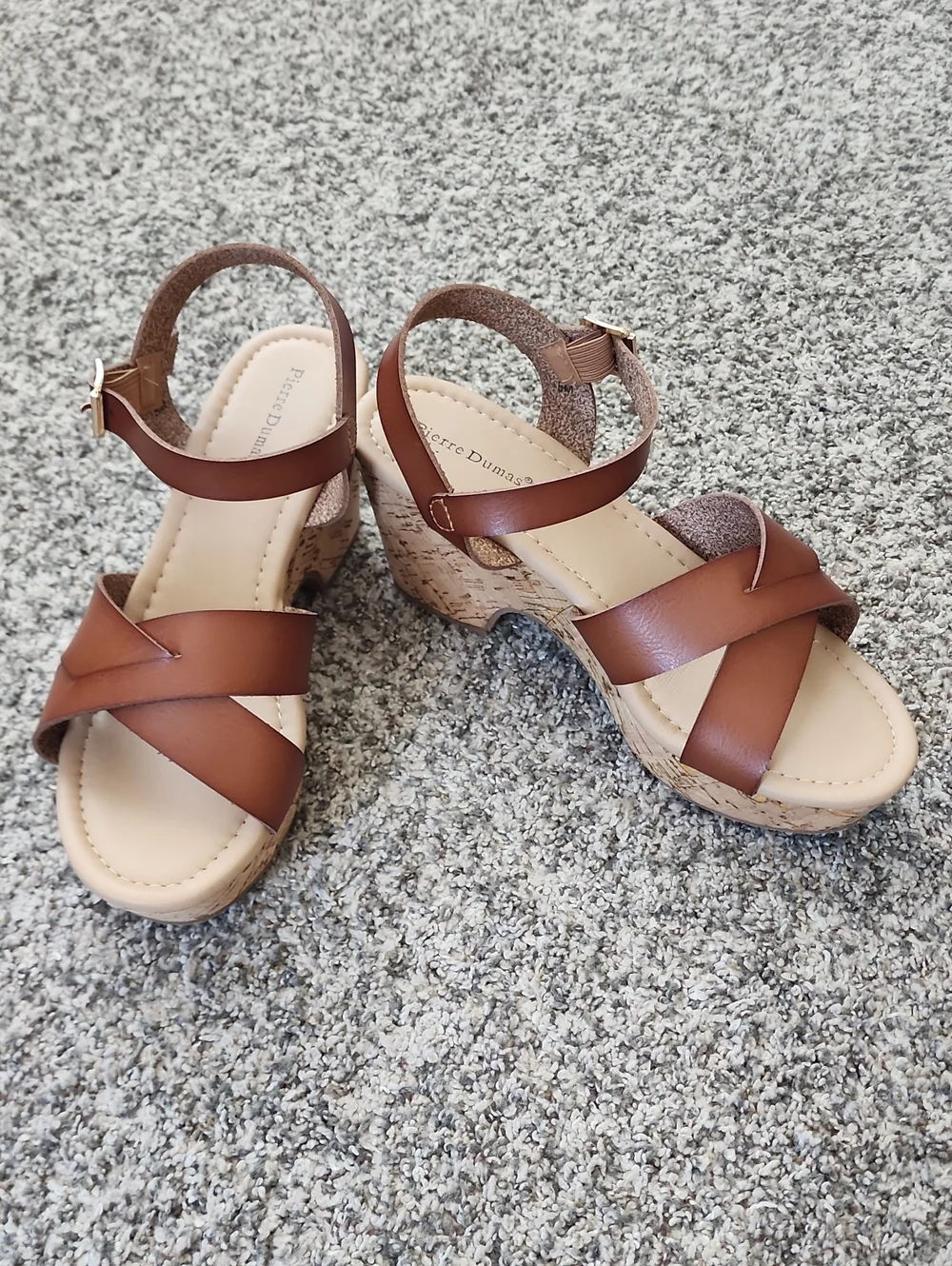 NIB Pierre Dumas Brown Cork Wedge Sandals - Open Toe Ankle Strap 8